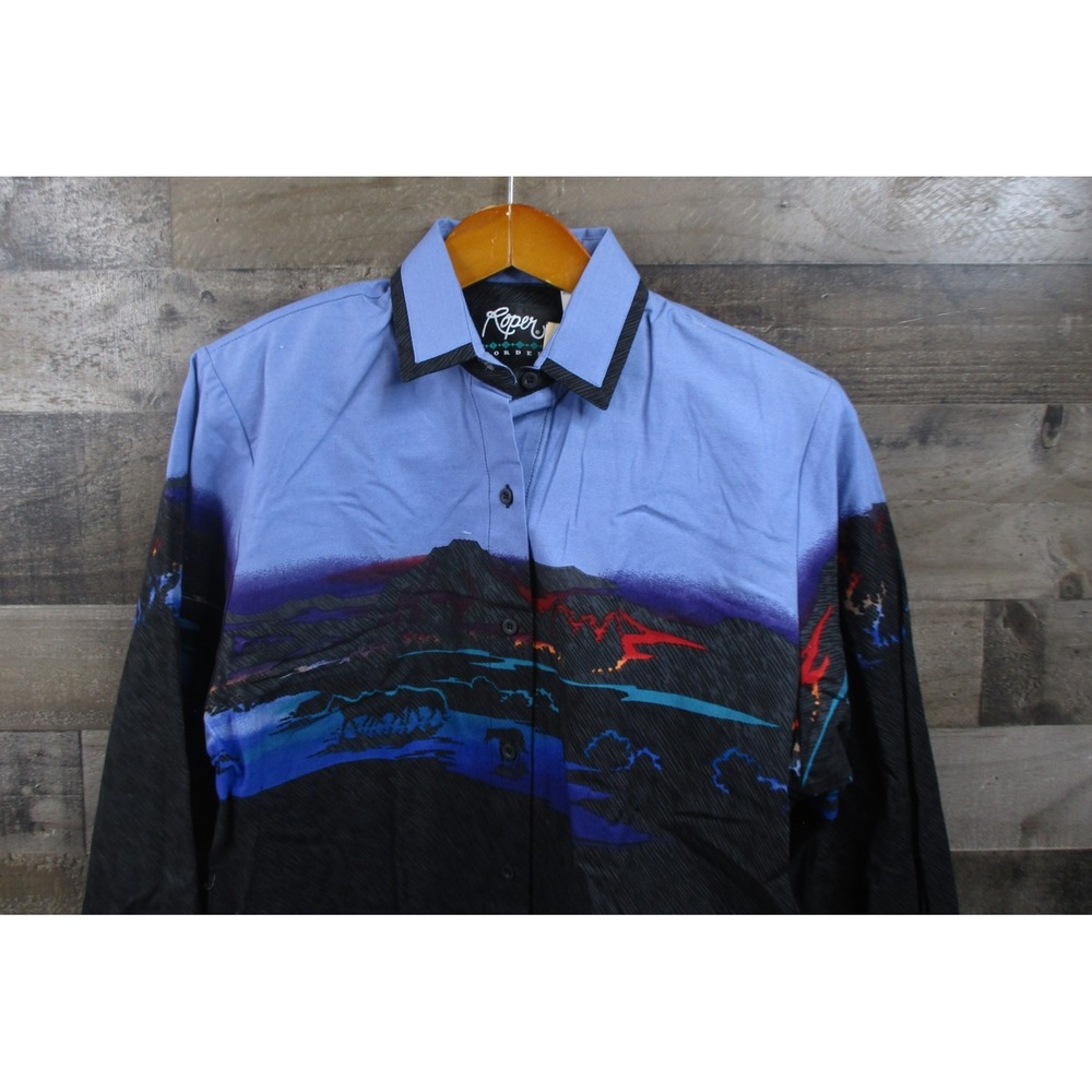 Roper Shirt Womens Small Blue Border Western Horse Graphic Button Up USA Made‎
